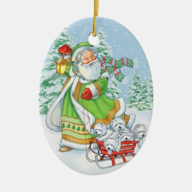 Ornamento De Cerâmica "Enfeites de natal do ruído alegre" de Westie por (Frente)