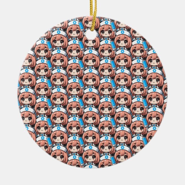 Ornamento De Cerâmica Enfermeira Chibi Cute - saúde, animação, medicina (Frente)
