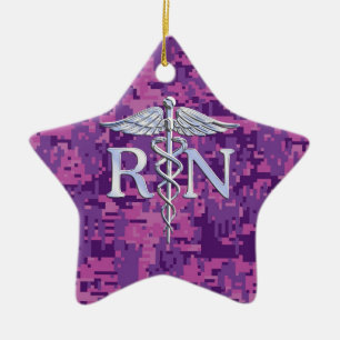 Ornamento De Cerâmica Enfermeira Registrada RN Silver Caduceus em Pink C