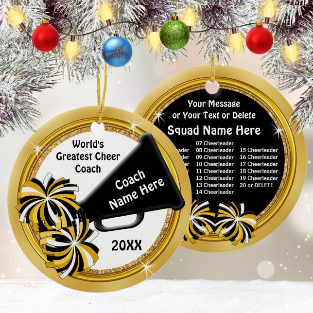 Ornamento De Cerâmica Enfermeiro Líder de Saúde Ideias De Presente, Pers (Cheer coach Christmas gifts. Personalized Cheer Coach Gifts. Black Gold White, Cheer Coach Ornament.)