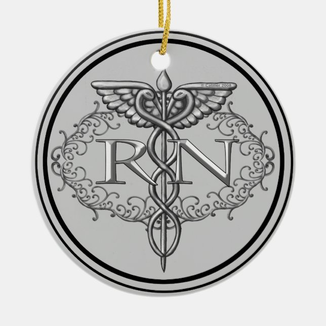 Ornamento De Cerâmica Enfermeiro Oval Silver Caduceus RN (Frente)