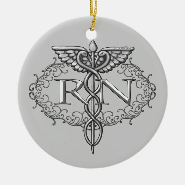 Ornamento De Cerâmica Enfermeiro Oval Silver Caduceus RN (Frente)