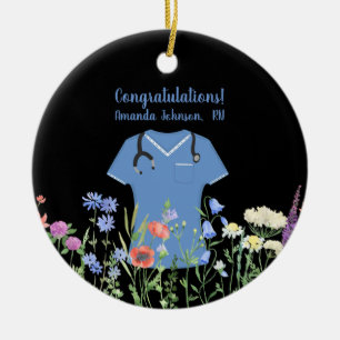 Ornamento De Cerâmica Enfermeiro Personalizado RN LPN Escrubos Azuis