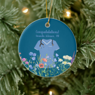 Ornamento De Cerâmica Enfermeiro Personalizado RN LPN Escrubos Azuis