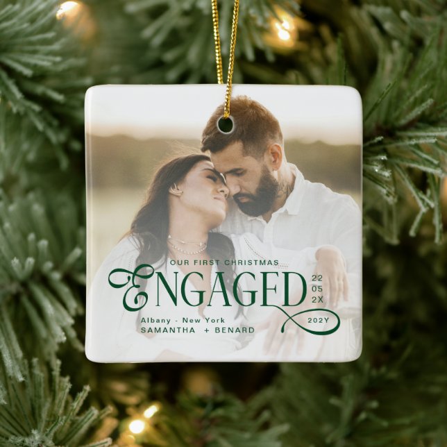 Ornamento De Cerâmica Engaged Couples 2 Photos Stylish First Christmas (Árvore)