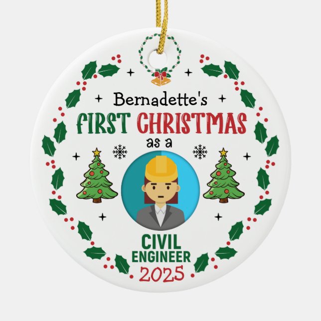 Ornamento De Cerâmica Engenheiro Civil Primeiro Natal Personalizado (Frente)