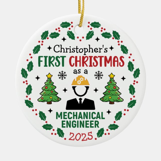 Ornamento De Cerâmica Engenheiro Mecânico Personalizado Primeiro Natal (Frente)