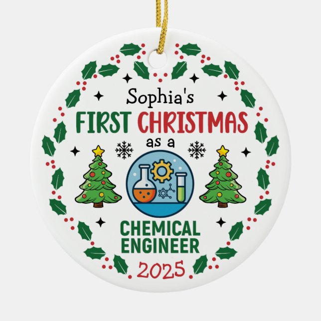 Ornamento De Cerâmica Engenheiro Químico Personalizado Primeiro Natal (Frente)