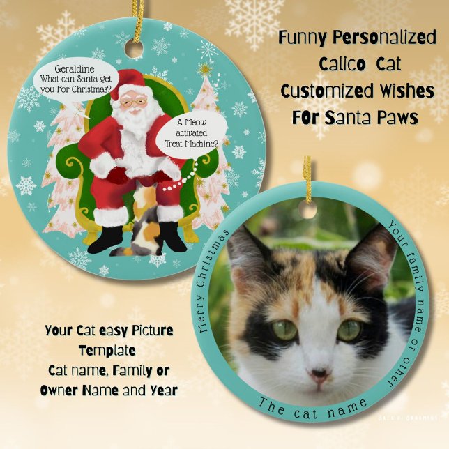 Ornamento De Cerâmica Engraçado Calico Cat Visita Papais noeis com Sabed (Double side ornament A Calico Cat tells Santa Paws what she wants for Christmas. Custom text & Photo)