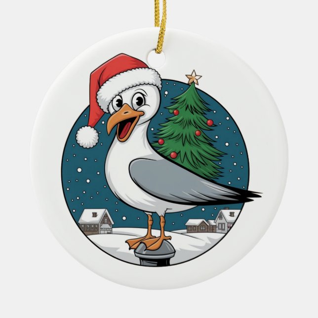 Ornamento De Cerâmica Engraçado Chip de Seagull de Natal (Frente)