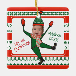 Ornamento De Cerâmica Engraçado Elf Meu Primeiro Natal Vermelho Personal
