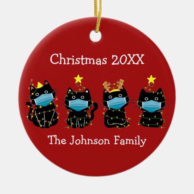 Ornamento De Cerâmica Engraçado Gato Natal Covid Face Máscaras Personali (Frente)