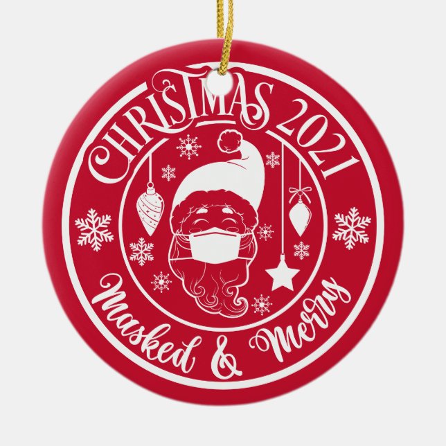 Ornamento De Cerâmica Engraçado personalizado 2021 Mascarado e Feliz Nat (Frente)