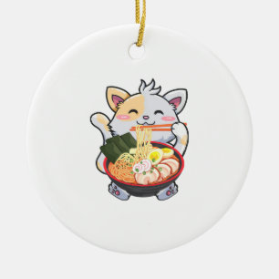Ornamento De Cerâmica Engraçado Ramen Cat Anime Kawaii Noodles Japonese