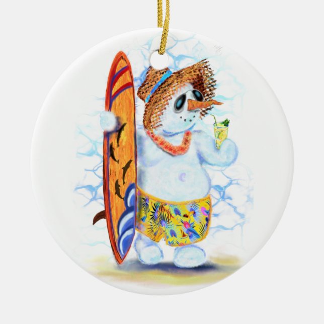 Ornamento De Cerâmica Engraçado Summer Snowman Surfer bebe coquetel fres (Frente)
