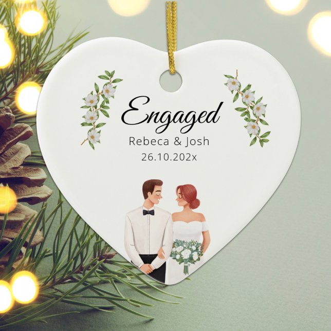 Ornamento De Cerâmica Envolvido Natal Keepsasasak Greenery Data de Casam (Engaged Christmas Keepsake Greenery Wedding Date Ceramic Ornament)
