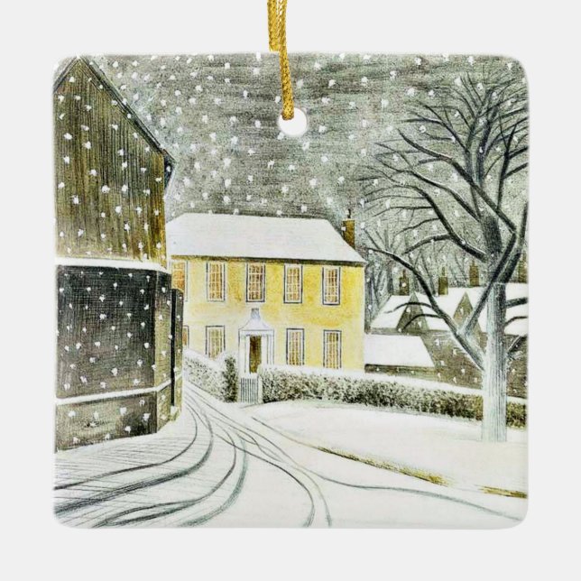 Ornamento De Cerâmica Eric Ravilious - Hallstead Road em Snow, (Frente)