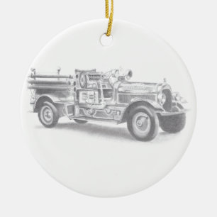 Ornamento De Cerâmica esboço a lápis de caminhão de bombeiros antigo des
