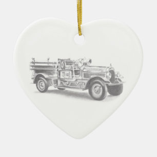 Ornamento De Cerâmica esboço a lápis de caminhão de bombeiros antigo des