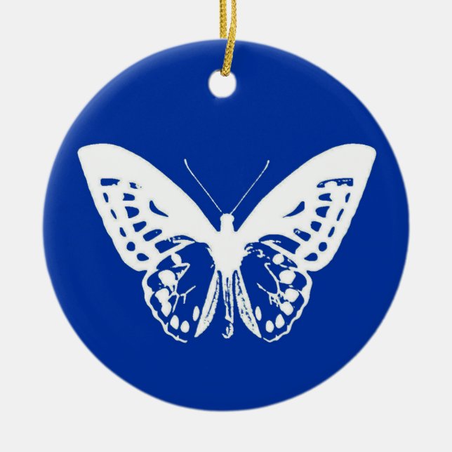 Ornamento De Cerâmica Esboço da borboleta, azul de cobalto e branco (Frente)