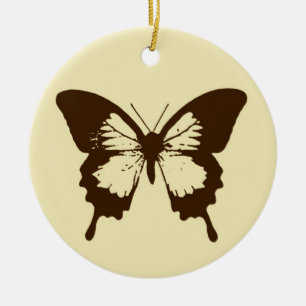Ornamento De Cerâmica Esboço da borboleta, castanho de chocolate em beg