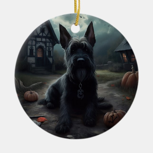 Ornamento De Cerâmica Escocês Terrier Pumpkins Halloween Scary (Frente)