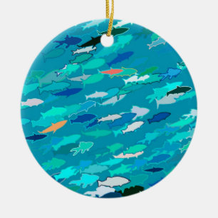 Ornamento De Cerâmica Escola de peixe azul, branca e turquesa
