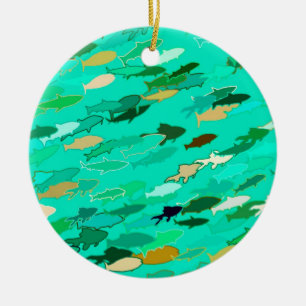Ornamento De Cerâmica Escola de peixes, aqua, verde, ouro