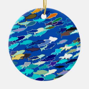 Ornamento De Cerâmica Escola de peixes, azul escuro, branco, turquesa