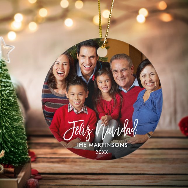 Ornamento De Cerâmica Escoteiro Feliz Navidad Foto Vermelho (Customize with your photo, name and year.)