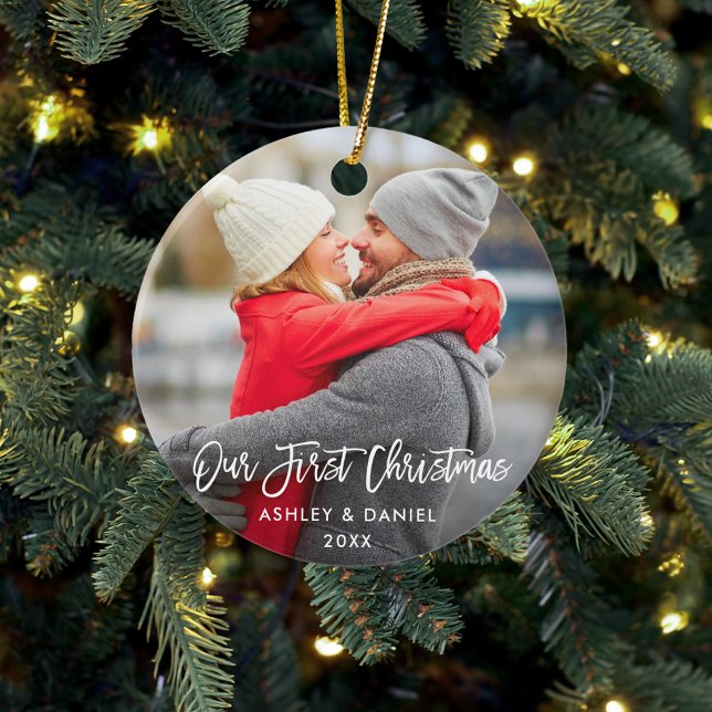 Ornamento De Cerâmica Escoteiro Moderno Roteiro Nosso Primeiro Casal De  (Double Sided Photo Ornament)