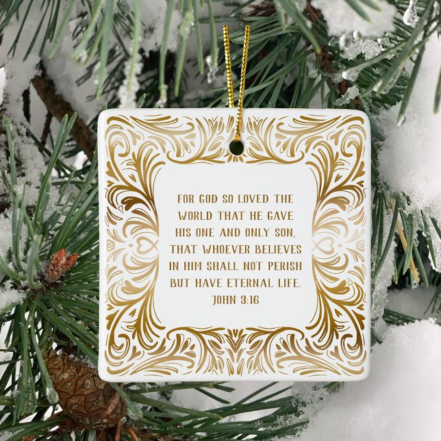 Ornamento De Cerâmica Escritura de Ouro exclusiva John 3:16 Natal (John 3:16 Inspirational Bible verse Christmas ornament in original hand drawn golden design custom)