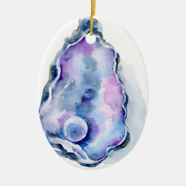 Ornamento De Cerâmica Escudo de ostra da aguarela com pérola (Frente)