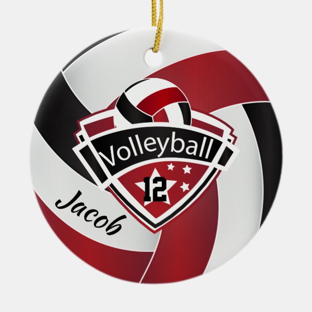 Ornamento De Cerâmica Escuro - voleibol vermelho, branco e preto (Frente)