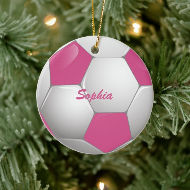 Ornamento De Cerâmica Esfera de Futebol Personalizável, Rosa e Branco (Árvore)