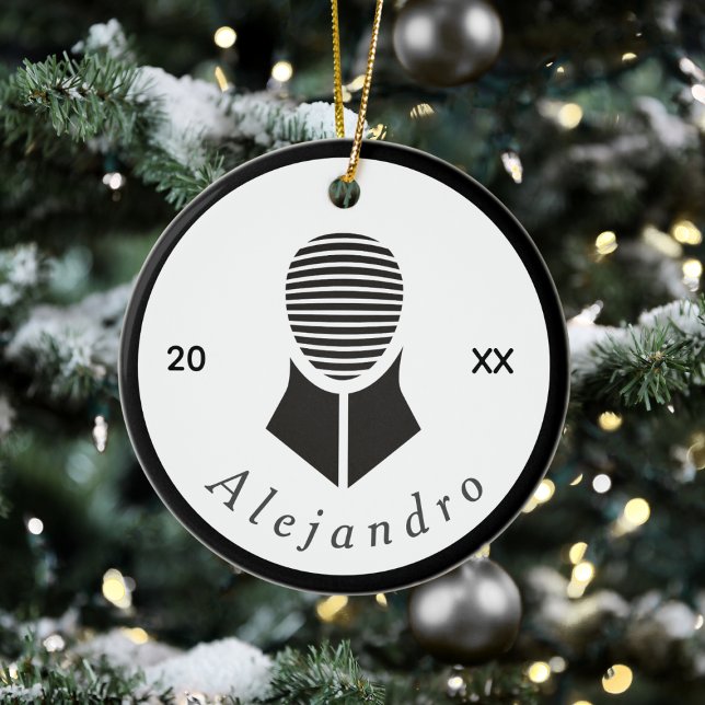 Ornamento De Cerâmica Esgrima de Cinza Branca Negra Nome Personalizado e (Criador carregado)