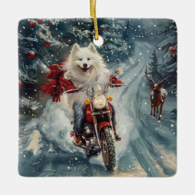 Ornamento De Cerâmica Eskimo Americano Cão Andando na Motocicleta (Frente)