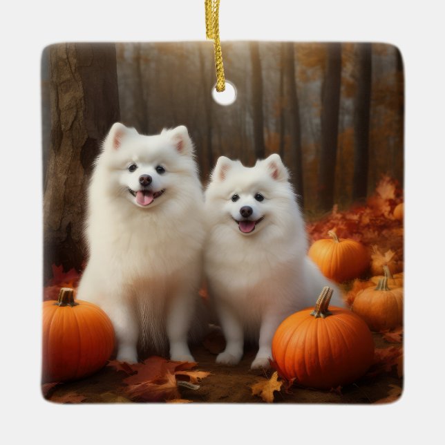 Ornamento De Cerâmica Eskimo Americano Puppy Autumn Delight Pumpkin (Frente)