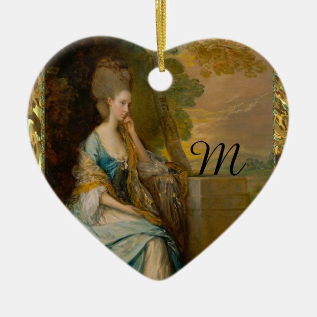 Ornamento De Cerâmica Esperando por ele monograma (Frente)