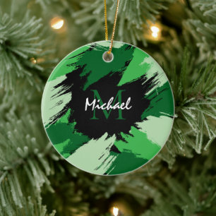 Ornamento De Cerâmica Espessadas de pinceladas com nome verde com monogr
