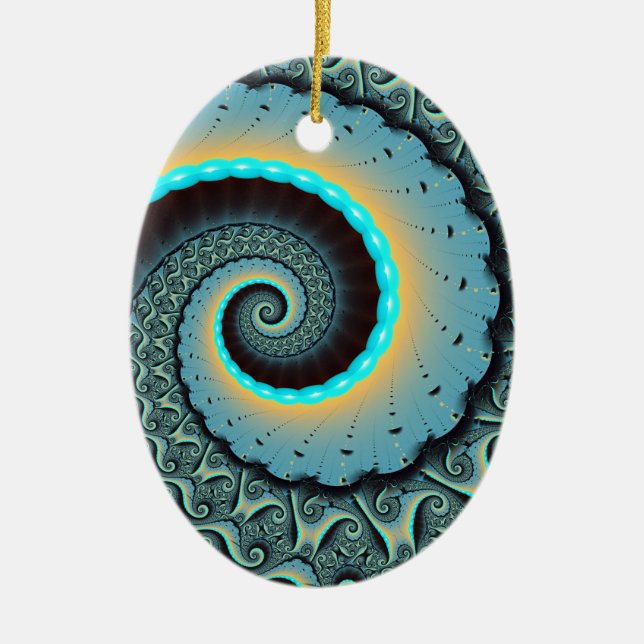 Ornamento De Cerâmica Espiral de Arte Fractal Laranja abstrato azul Turq (Frente)