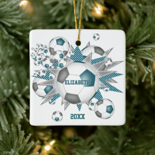 Ornamento De Cerâmica esportes de bola de futebol da cinza teal