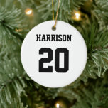 Ornamento De Cerâmica Esportes variados — número de nome personalizado b<br><div class="desc">A varsity esportiva black white custom name number monograma Christmas Cerâmica Ornament. Estilo desportivo variado. Personalize-o com seu nome,  idade,  ano,  número ou nome da equipe desportiva.</div>