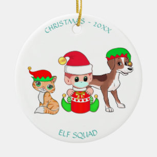 Ornamento De Cerâmica esquadrão de Natal, bebê elfo, gato & cachorro