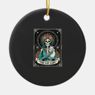 Ornamento De Cerâmica Esqueleto de Gata Tarot Floral Gótico