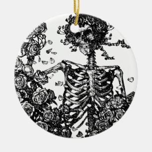 Ornamento De Cerâmica Esqueletos e Rosas