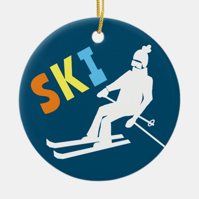 Ornamento De Cerâmica Esqui Retro Skier Blue de inverno (Frente)