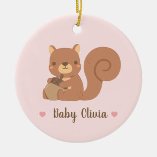 Ornamento De Cerâmica Esquilo Bonito Segurando Acorn Baby Girl Personali