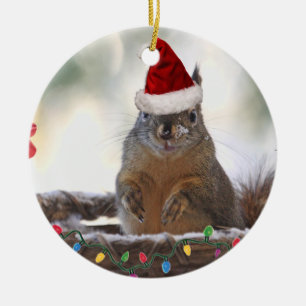 Ornamento De Cerâmica Esquilo do Natal na cesta com neve