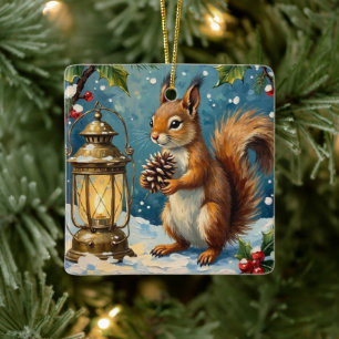 Ornamento De Cerâmica Esquilo Vintage com Lanterna de Natal Inverno